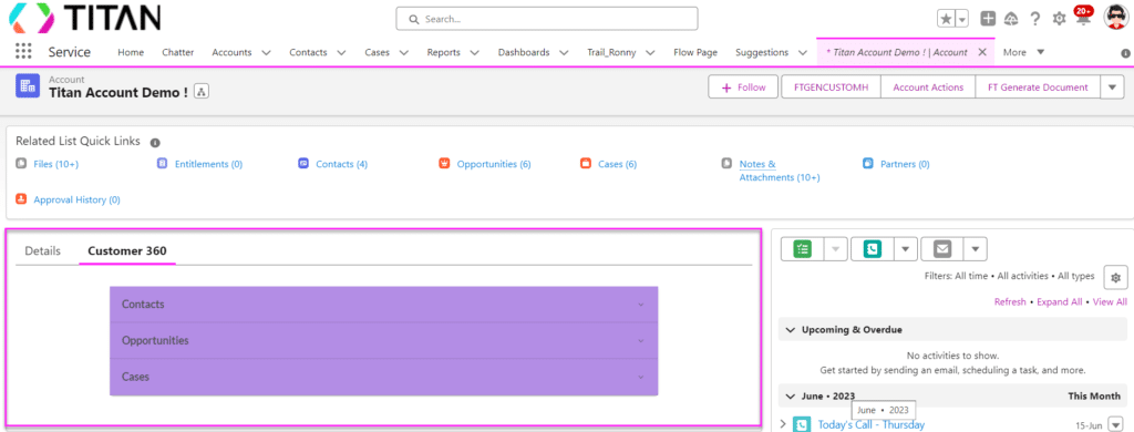 Salesforce Account record page showing the Customer 360 tab with an embedded Titan Web component.