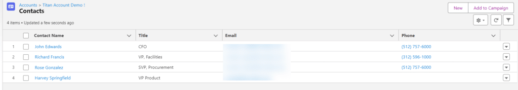 Salesforce contact related list showing contacts linked to the Account record.