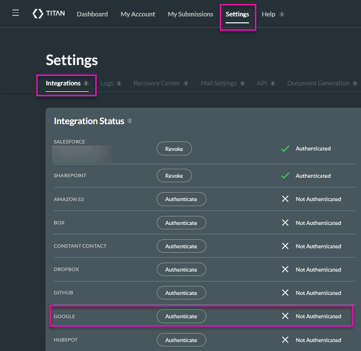 Titan Settings page with the Integrations tab and Google Authenticate button highlighted