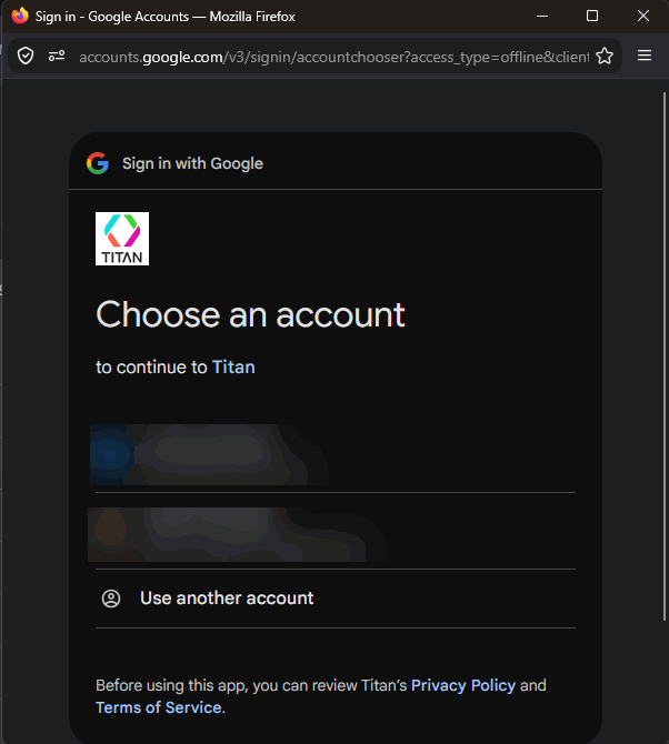 Google sign-in page displaying available accounts and the Use another account option