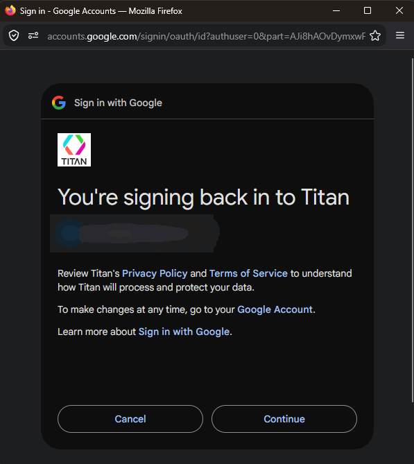 Google sign-in confirmation page with Titan account information and the Continue button