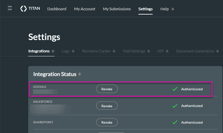 Titan Integration Status showing Google with a green checkmark and Authenticated status