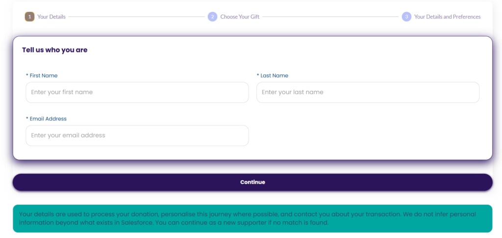 Titan AI Studio donor form showing conditional Gift Aid and donation tier fields synced to Salesforce