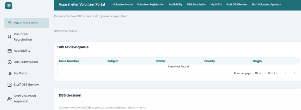 DBS review queue and decision section of volunteer registration portal built with Titan AI Studio