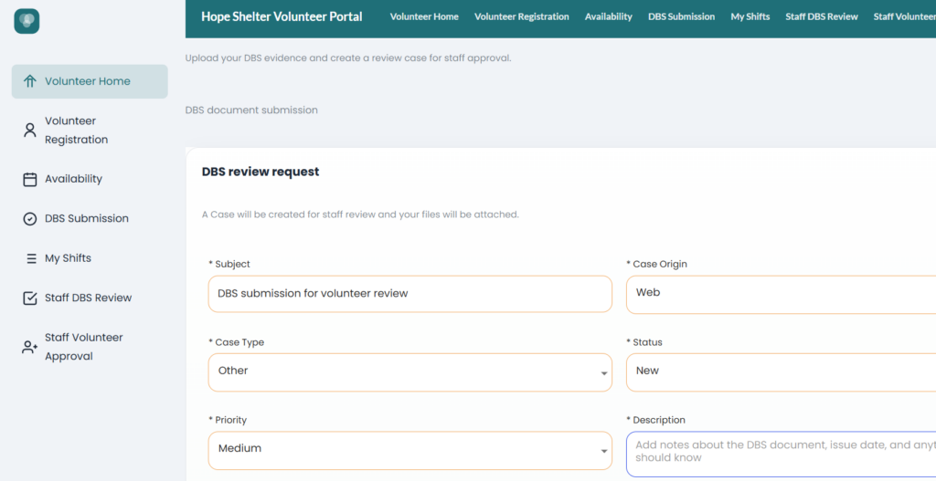 DBS review request section of volunteer registration portal built with Titan AI Studio