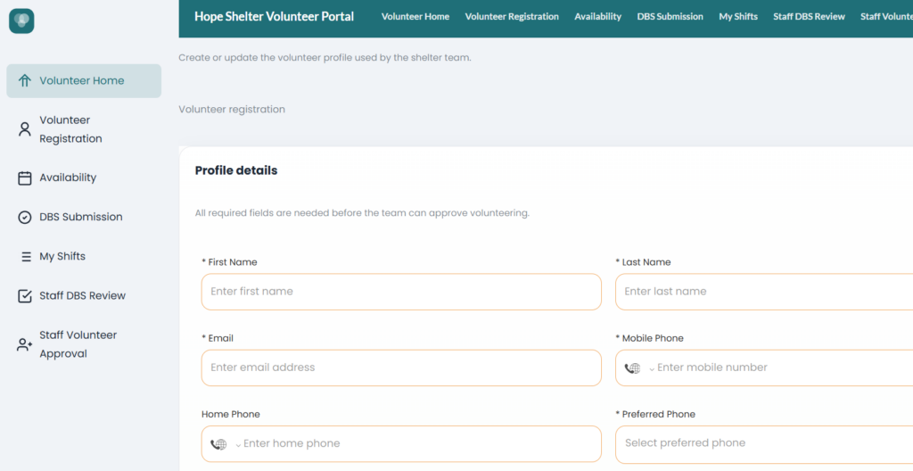 Profile details section of volunteer registration portal built with Titan AI Studio