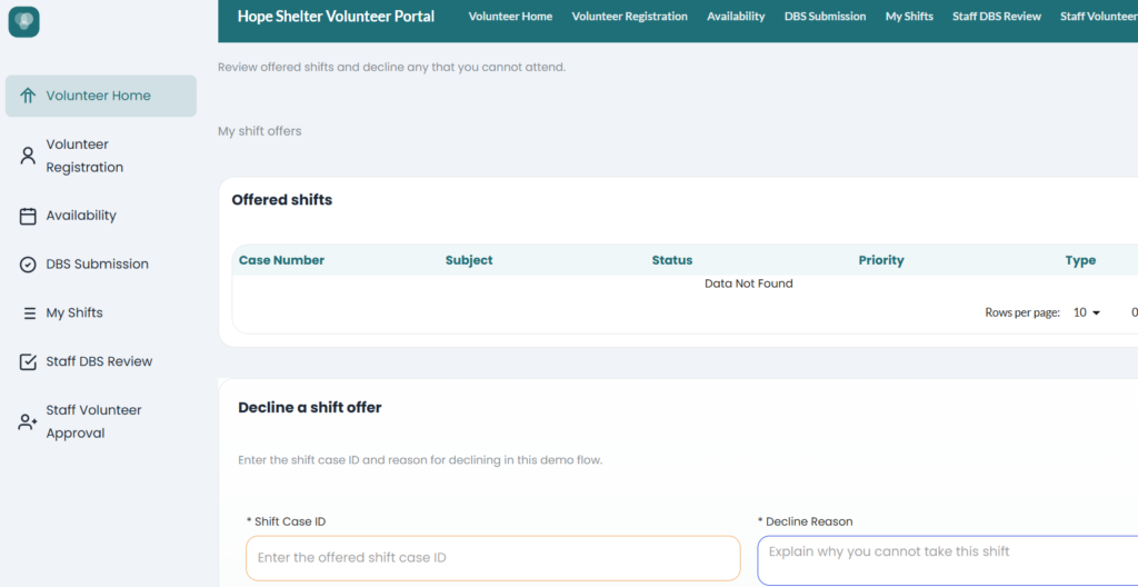 Offered shifts section of volunteer registration portal built with Titan AI Studio