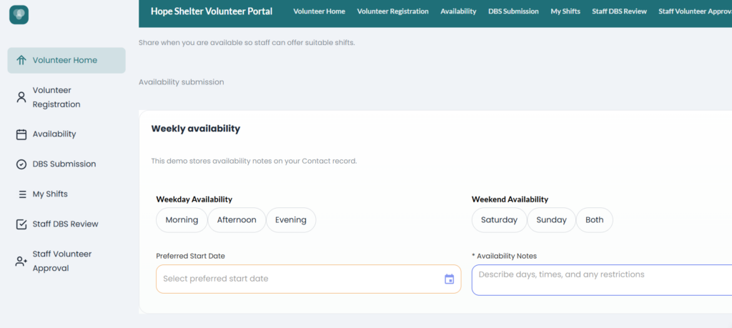 Weekly availability section of volunteer registration portal built with Titan AI Studio