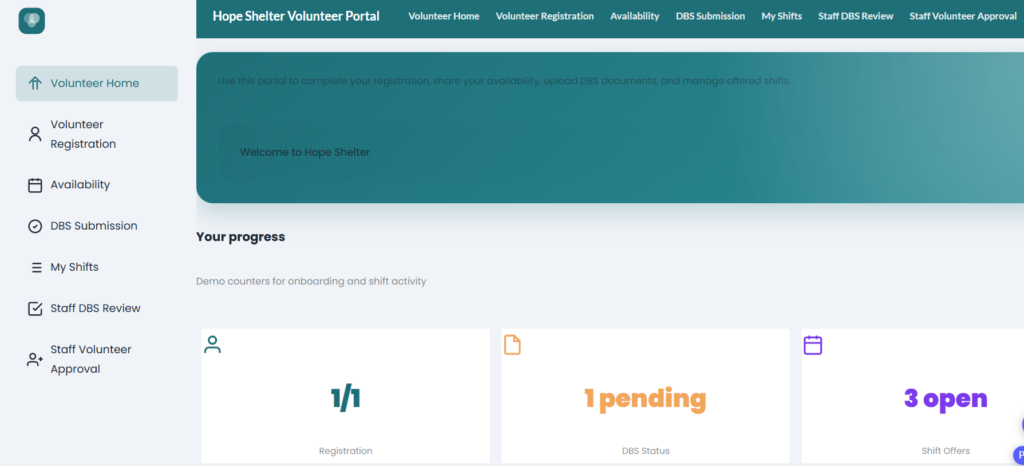 Volunteer registration portal with document upload for charity recruitment