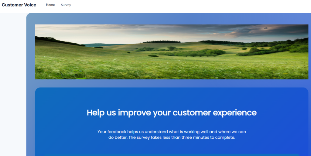 Branded customer satisfaction survey homepage built with Titan AI Studio
