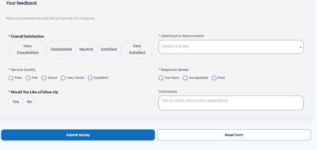 Satisfaction Feedback Survey section built with Titan AI Studio