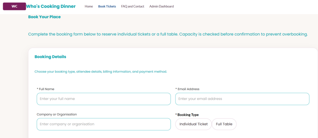 Gala dinner booking portal with table reservations and auction bidding