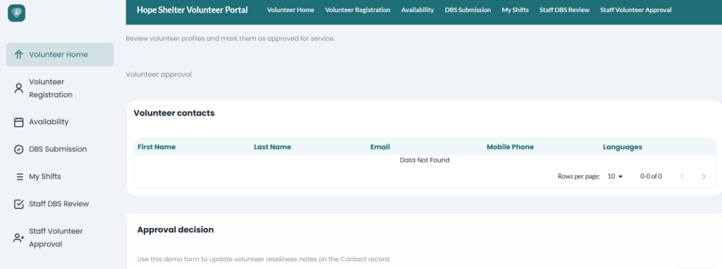 Volunteer contracts section of volunteer registration portal built with Titan AI Studio