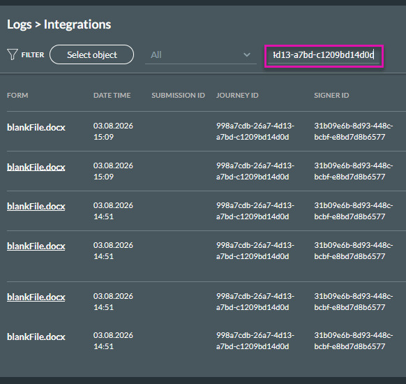 Journey ID filter in Titan Integration Logs with a tracking value entered.