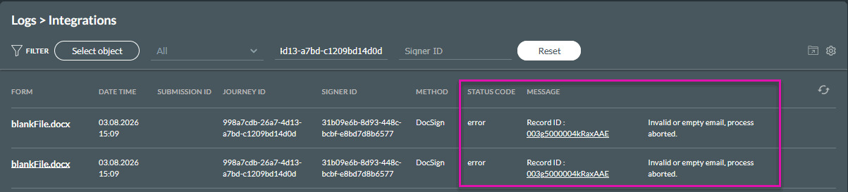 Titan Integration Logs filtered by Journey ID, showing two DocSign errors caused by an invalid or empty email.