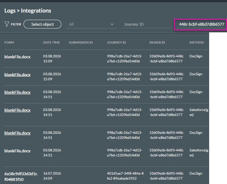 Titan Integration Logs filtered using Journey ID and Signer ID values.