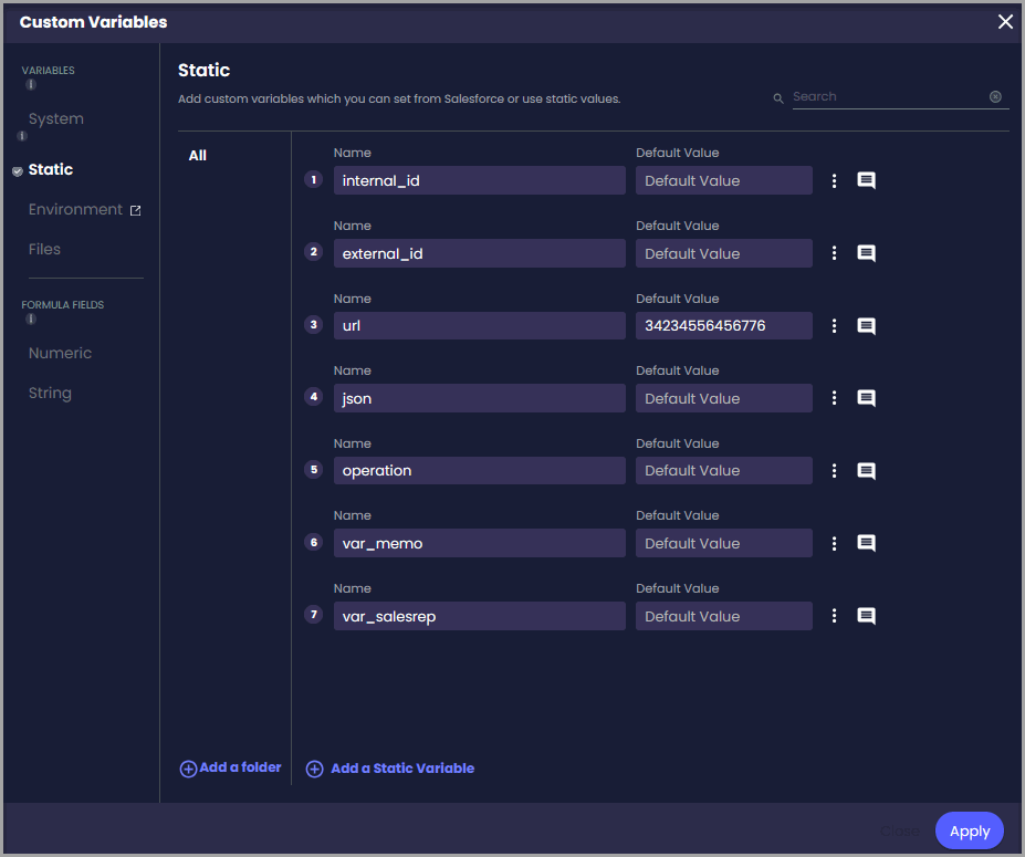 Titan Custom Variables screen showing example variables for internal ID, external ID, URL, JSON, operation type, memo, and sales representative.