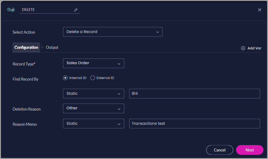 Delete a Record configuration showing a Sales Order found by internal ID, with Other selected as the deletion reason and a reason memo entered.