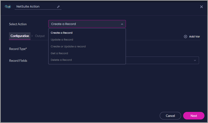 NetSuite Action screen showing Create, Update, Create or Update, Get, and Delete record actions.
