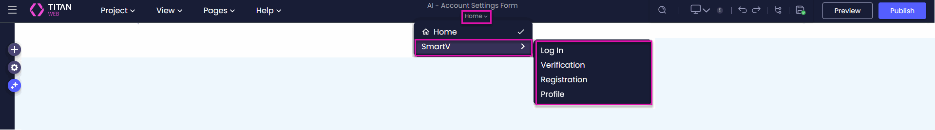 Titan Web visual builder page drop-down showing the SmartV Log In, Verification, Registration, and Profile pages.