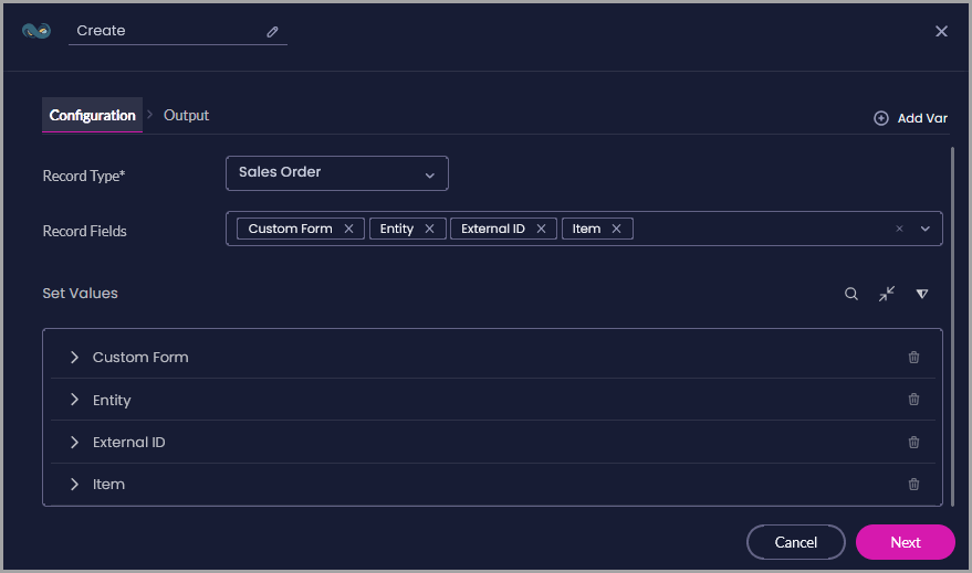 Create a Record configuration showing Sales Order as the record type and Custom Form, Entity, External ID, and Item as selected record fields.