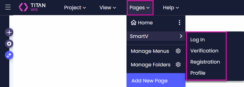 Titan Web Pages menu expanded to show the SmartV Log In, Verification, Registration, and Profile pages.