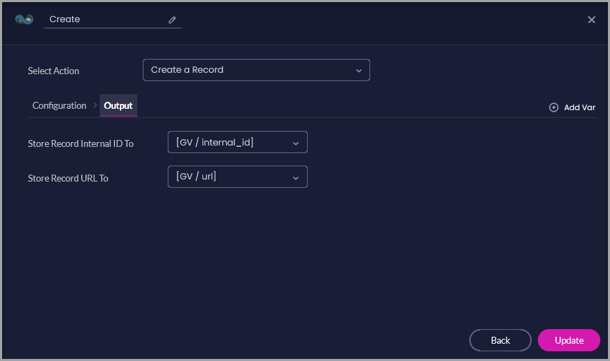 Create a Record Output tab showing Flow variables selected for the record internal ID and record URL.