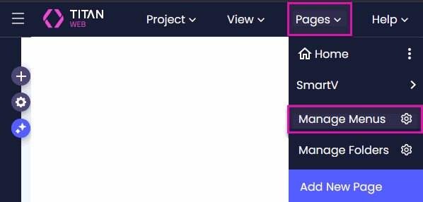 Titan Web Pages menu with the Manage Menus option and Gear icon highlighted.
