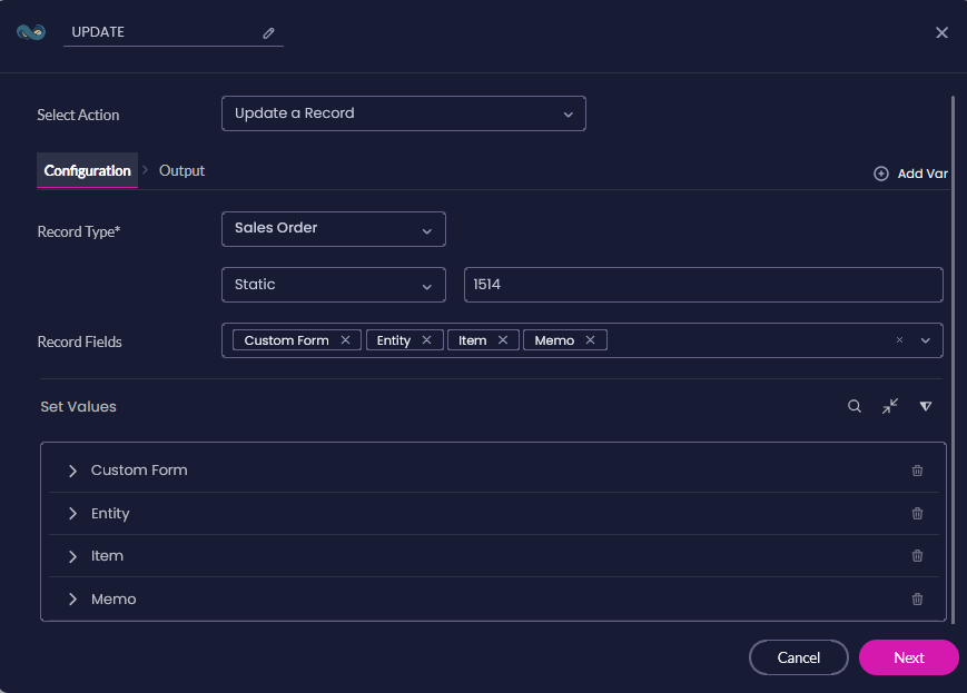 Update a Record configuration showing Sales Order as the record type, a static record identifier, and Custom Form, Entity, Item, and Memo as selected fields.