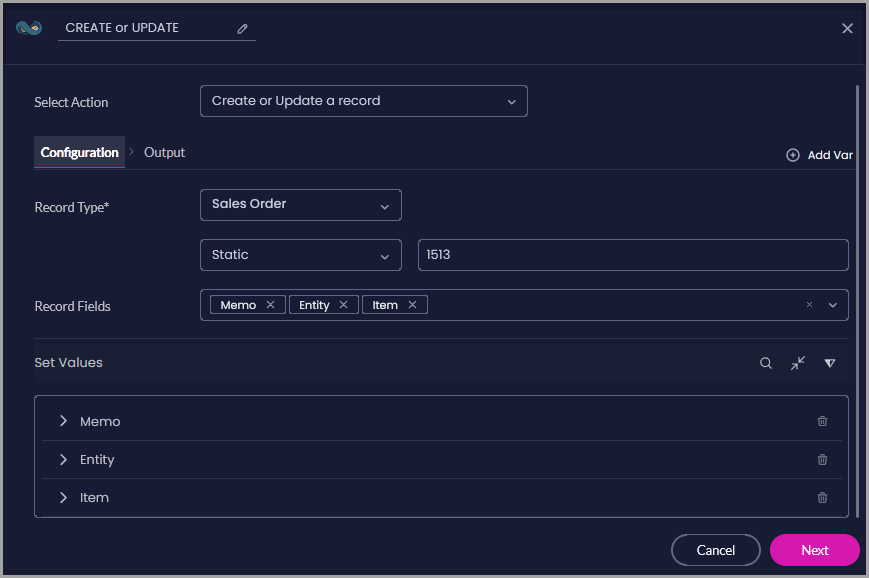 Create or Update a record configuration showing Sales Order as the record type, a static identifier, and Memo, Entity, and Item as selected fields.