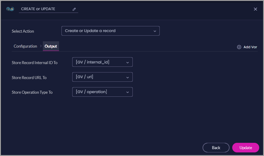 Create or Update a record Output tab showing variables selected for the record internal ID, record URL, and operation type.