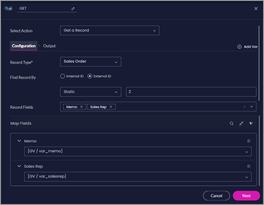 Get a Record configuration showing a Sales Order found by external ID, with Memo and Sales Rep mapped to Flow variables.