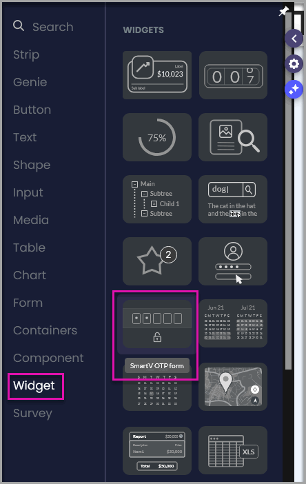 SmartV OTP Form widget highlighted in the Widget section of the Titan Web Elements panel.