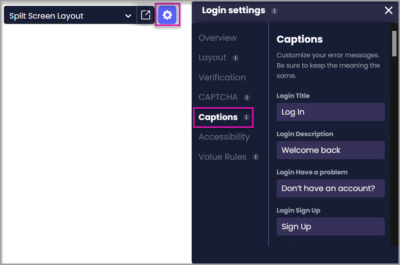 Login Settings panel with Captions selected and editable fields for the login title, description, account prompt, and sign-up text.