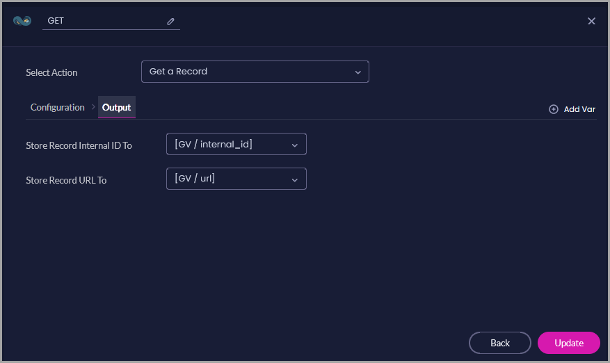 Get a Record Output tab showing Flow variables selected for the record internal ID and record URL.