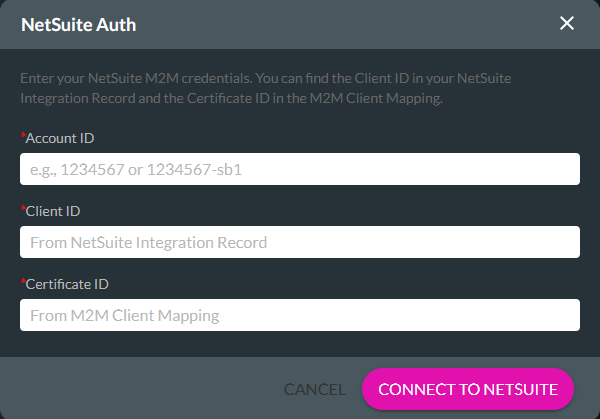 NetSuite Auth window with fields for Account ID, Client ID, and Certificate ID and a Connect to NetSuite button.