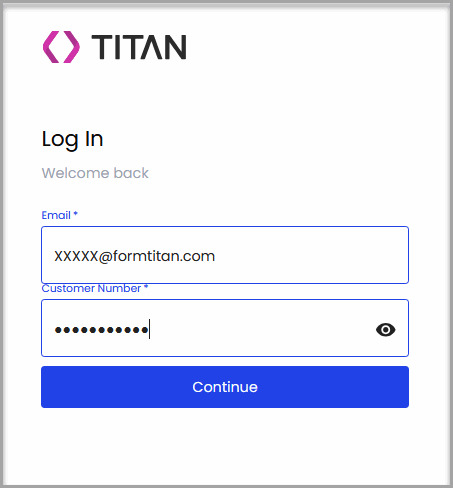 Generated Titan login page with an email address entered and the Customer Number value hidden by dots.