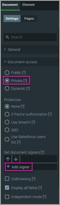 Document Access settings with Private selected and the Add signer option displayed