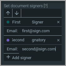Add Signer window with fields for the signerβs first name, last name, and email address