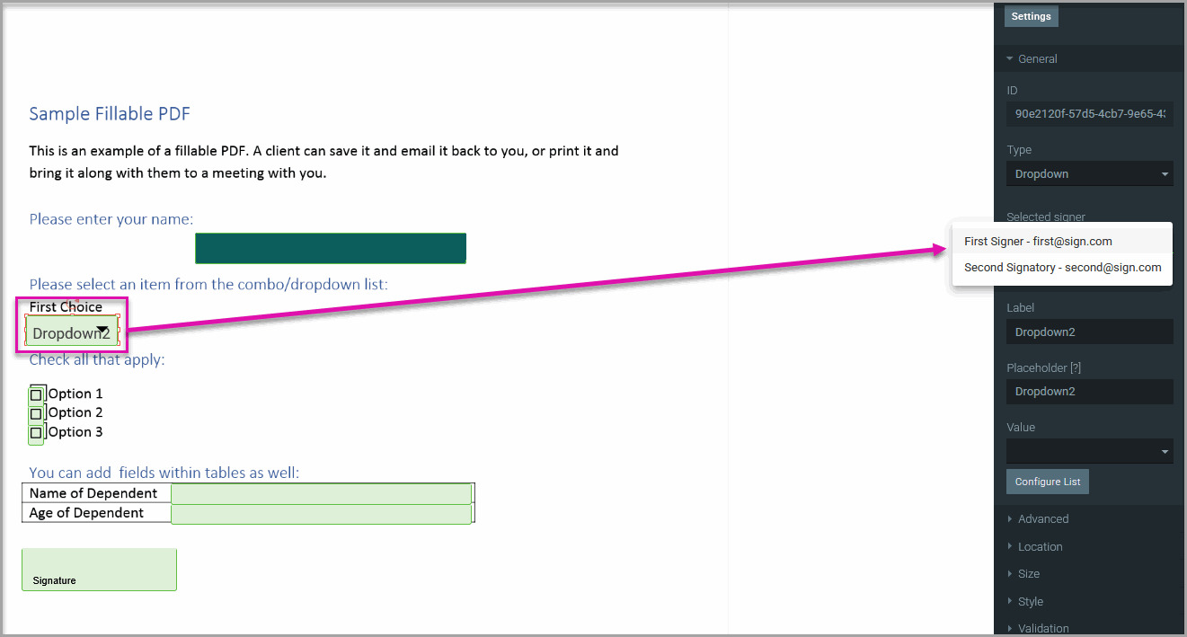 Titan Sign document with a signature element selected and a signer assigned from the drop-down list