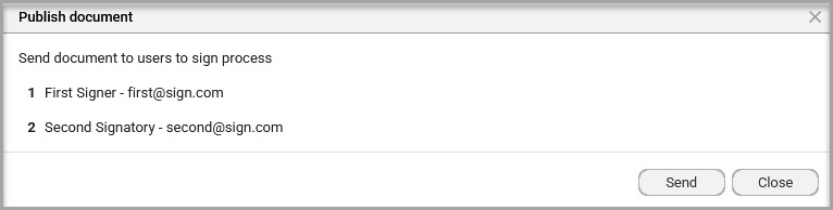 Publish file window with the Send option for delivering the document to private signers
