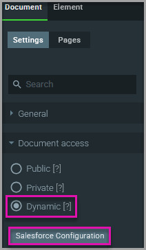 Document Access settings with Dynamic selected and the Salesforce Configuration button displayed