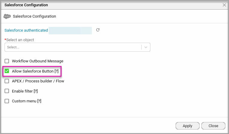 Salesforce Configuration window showing the object selection and initiation settings for a dynamic Sign project