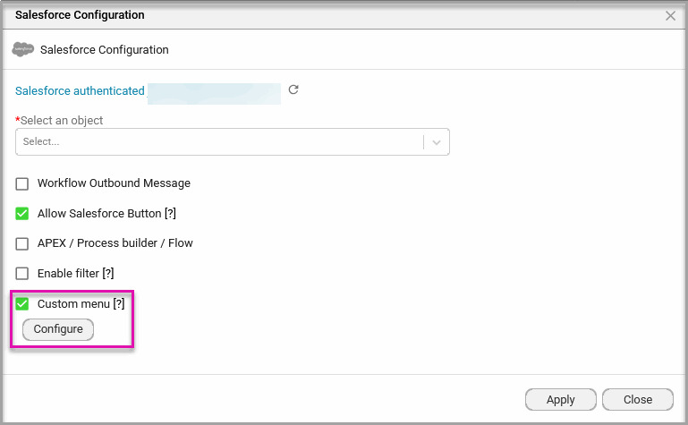 Salesforce Configuration window with Custom menu enabled and the Configure button displayed