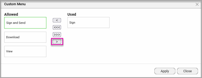 Custom menu configuration with Allowed and Used columns for selecting document actions