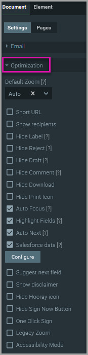 Titan Sign Document settings with the Optimization section expanded and signer interface options displayed