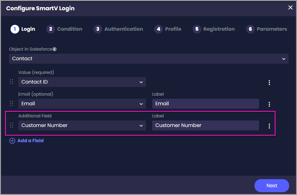 Configure SmartV Login screen with Email selected in the optional Email field and Email entered as the field label.