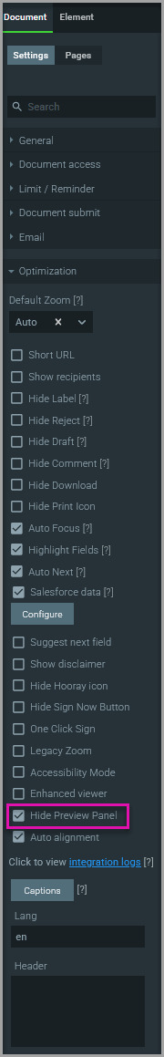 Titan Sign Optimizations settings showing the Hide Preview Pane checkbox