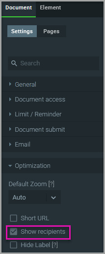 Titan Sign Optimizations settings showing the Show recipients checkbox