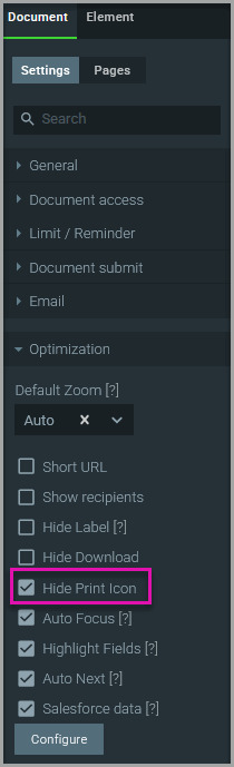 Titan Sign Optimizations settings showing the Hide Print Icon checkbox